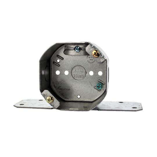 Octagon Ceiling Fan Support Box, 22.5 Cubic Inches, 4 Inch Diameter x 2-1/8 Inches Deep, 1/2 Inch Knockouts, Pre-Galvanized Steel, Drawn Construction, Non-Metallic Cable Clamp (C-5) and F Bracket, For use with Non-Metallic Sheathed Cable