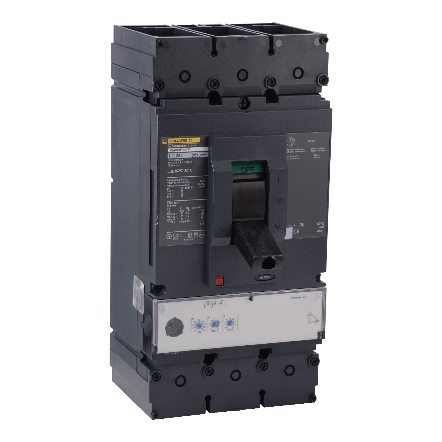 Circuit breaker, PowerPacT L, 250A, 3 pole, 600VAC, 18kA, lugs, MicroLogic 3.3, 80%