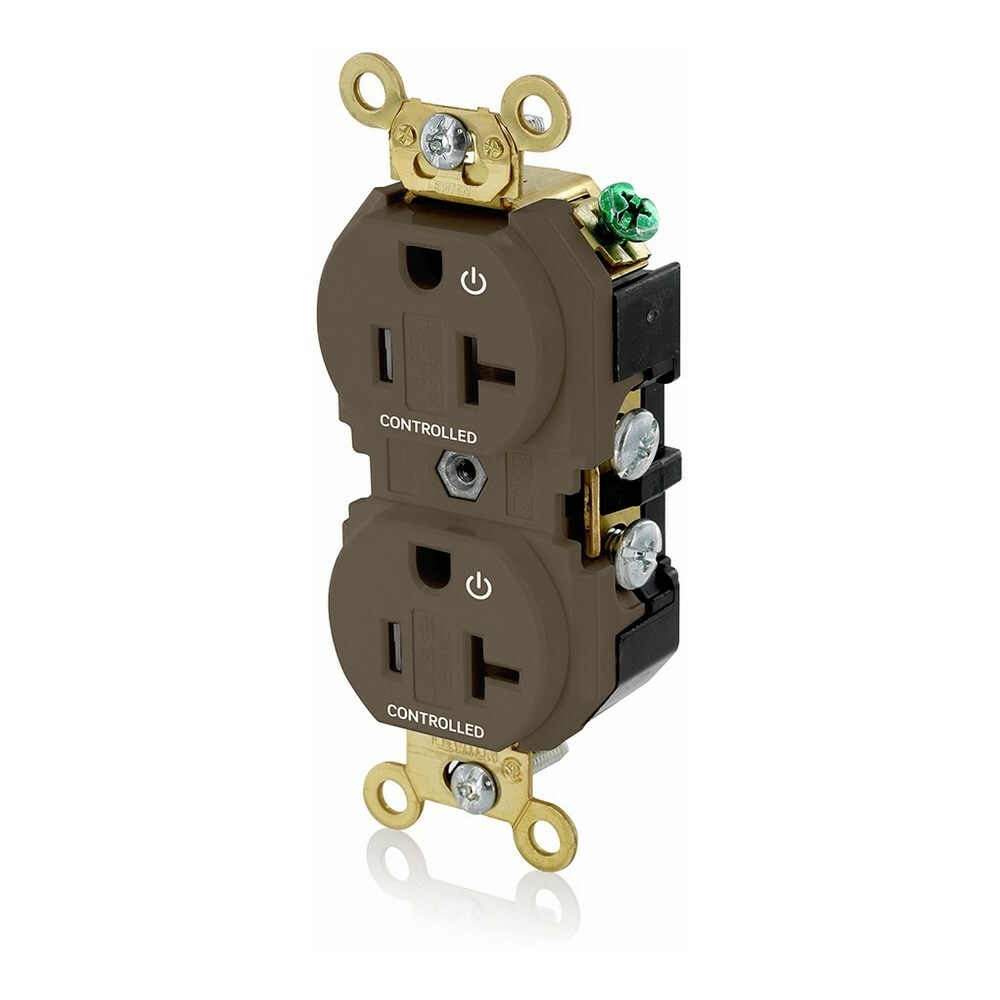 20 Amp. 125 Volt. NEMA 5-20R. 2P/3W. Industrial Series Extra Heavy Duty Specification Grade. Duplex Receptacle. 2 Plug Controlled Markings. Straight Blade. Self Grounding. Back And Side 8 Hole Feed-Thru Wired. Contractor Pack - Brown
