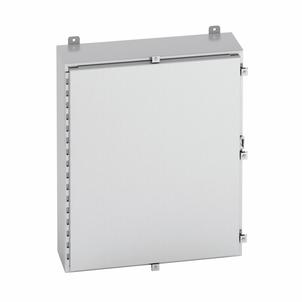 Eaton B-Line series wall mounted panel enclosure, 20" height, 8" length, 20" width, NEMA 4X, Hinged cover, 4XS enclosure, Wall mount, Medium single door, External mounting feet, 304 stainless steel, Seamless poured in-place gasket