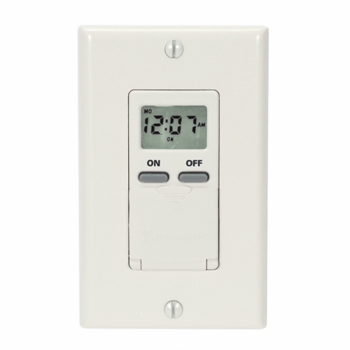The Digital 7-Day Timer 15 Amp 120 VAC Light Almond The EI500 Series In-Wall Timers allow up to 14 ON/OFF events per week. The timer is Incandescent, Fluorescent, CFL and LED compatible.