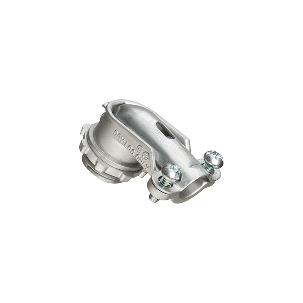 Zinc die-cast, 90 degree 2 screw flex connector for aluminum and steel Flex. Secures into a 1/2" Knockout with a diecast locknut. Accommodates cable range .635 to 1.085.