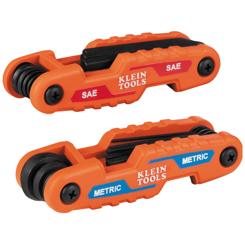 Klein Tools 2-Piece Compact Folding Hex Key Kit features 17-Keys including SAE and metric sizes. The SAE hex key set houses the 9 most common sizes for the jobsite, while the metric hex key set features 8 common sizes for daily applications. The hex ends are square-cut for a secure full-depth fit and maximum contact with the hex socket to prevent slippage and stripping of the socket.