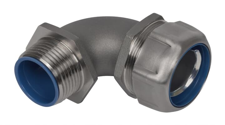 3/4 Inch Liquidtight Fitting for Flexible Metallic Conduit, 90 Degree, UL/CSA Listed, High UV Resistance, NEMA Ratings: 3, 3R, 4, 4X, Length 2.60 Inches/66.04mm, Width 1.64 Inches/41.66mm, Height 2.58 Inches/65.53mm, Temperature Range 0 to 105 Degrees C, 316 Stainless Steel with Duraplated Ground Cone