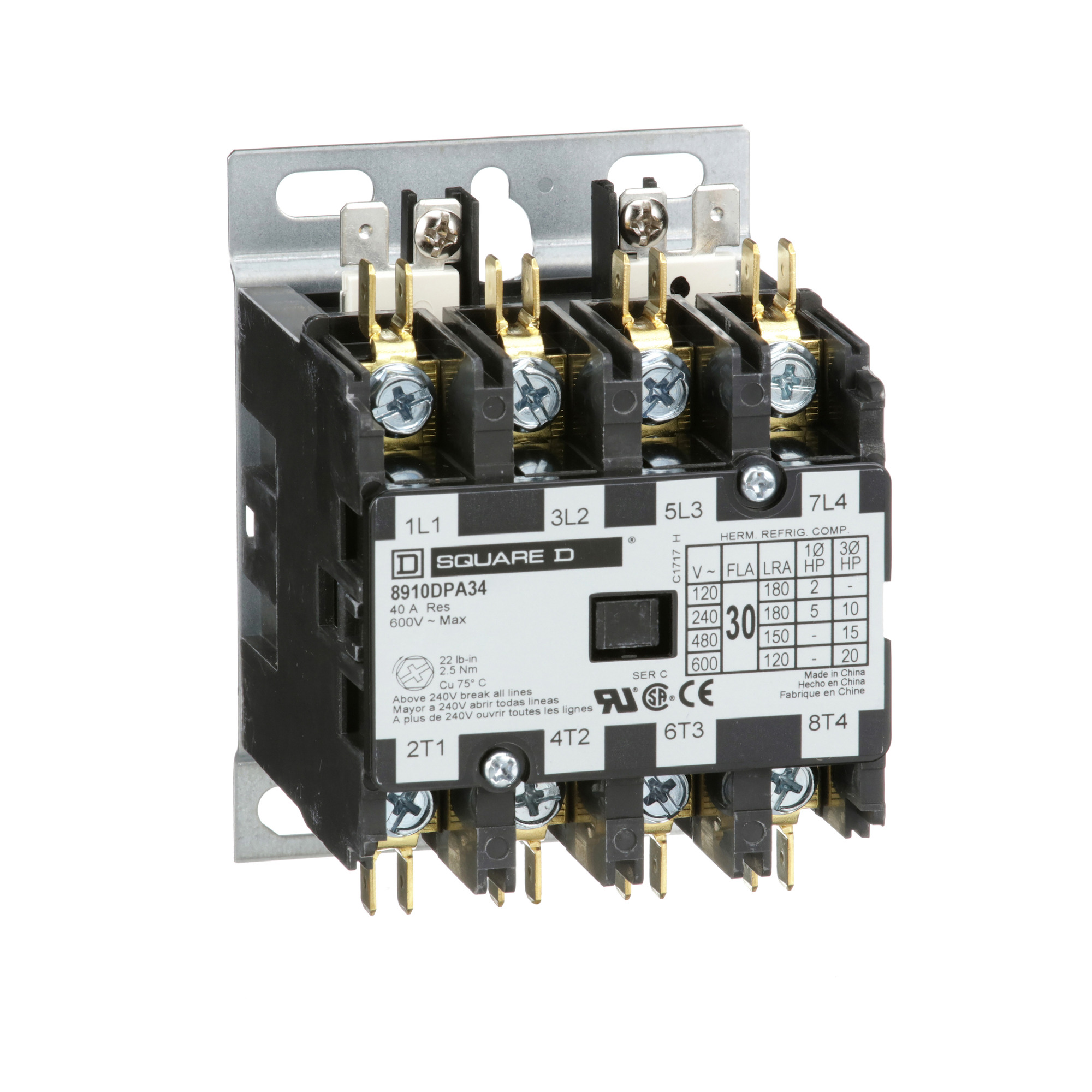 Contactor, Definite Purpose, 30A, 4 pole, 20 HP at 575 VAC, 3 phase, 440/480 VAC 50/60 Hz coil, open