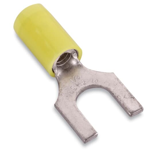 Nylon Insulated Fork Terminal, Length .97 Inches, Width .31 Inches, Maximum Insulation .210, Bolt Hole #6, Wire Range #12-#10 AWG, Color Yellow, Copper, Tin Plated