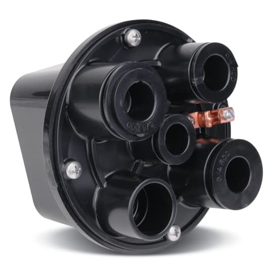 Swimming Pool Junction Box SPJ Series, Hub Sizes 1 1/2 Inch, 2 3/4 Inch, and 2 1 Inch, Number of Plugs 5, Black, Non-Metallic Base, with Plugs, Mounting Screws, and Sealing Gasket