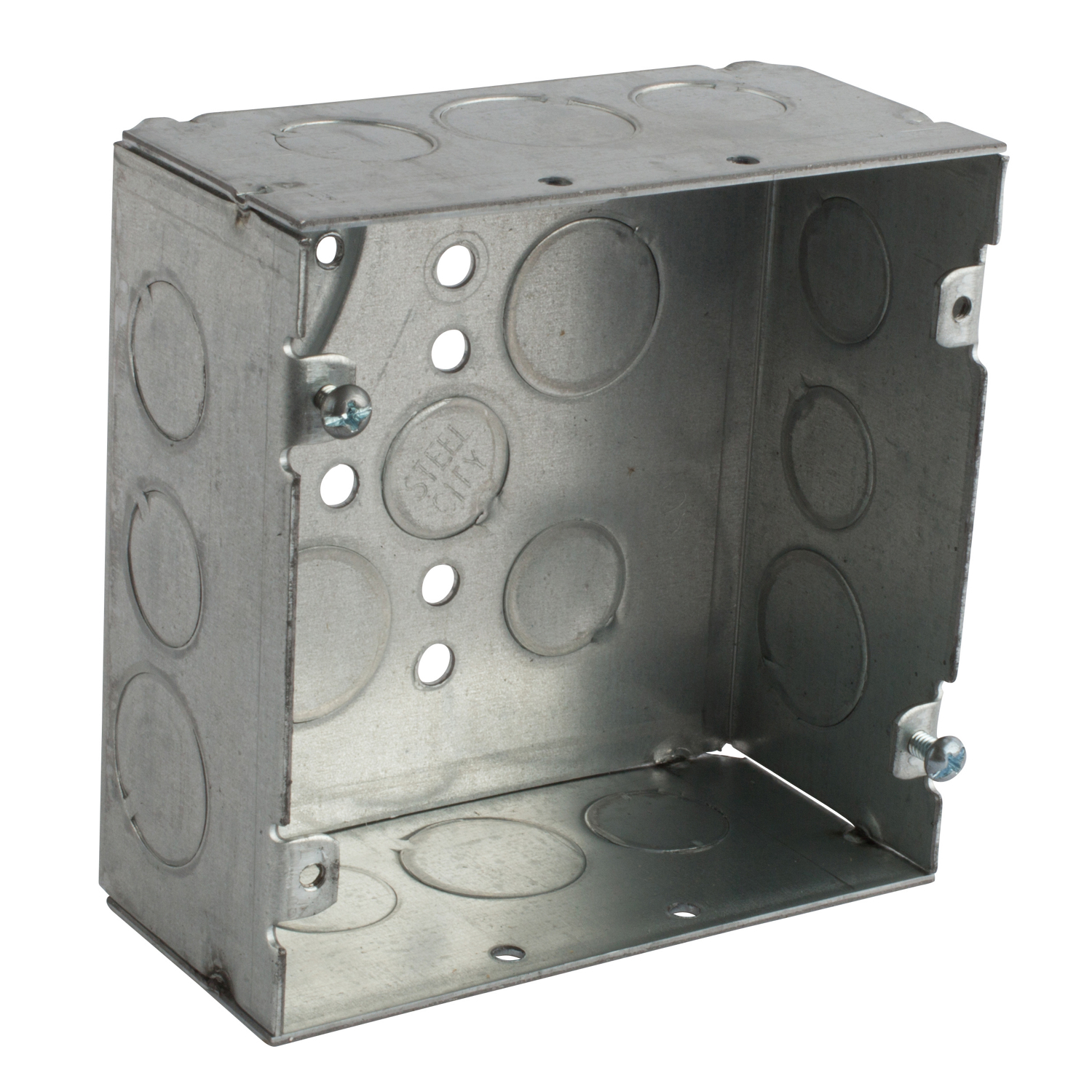 Square Box, 42 Cubic Inches, 4-11/16 Inches Square x 2-1/8 Inches Deep, 1/2 Inch and 3/4 Inch Knockouts, Galvanized Steel, Welded Construction, Four Tapped Ears, For use with Conduit