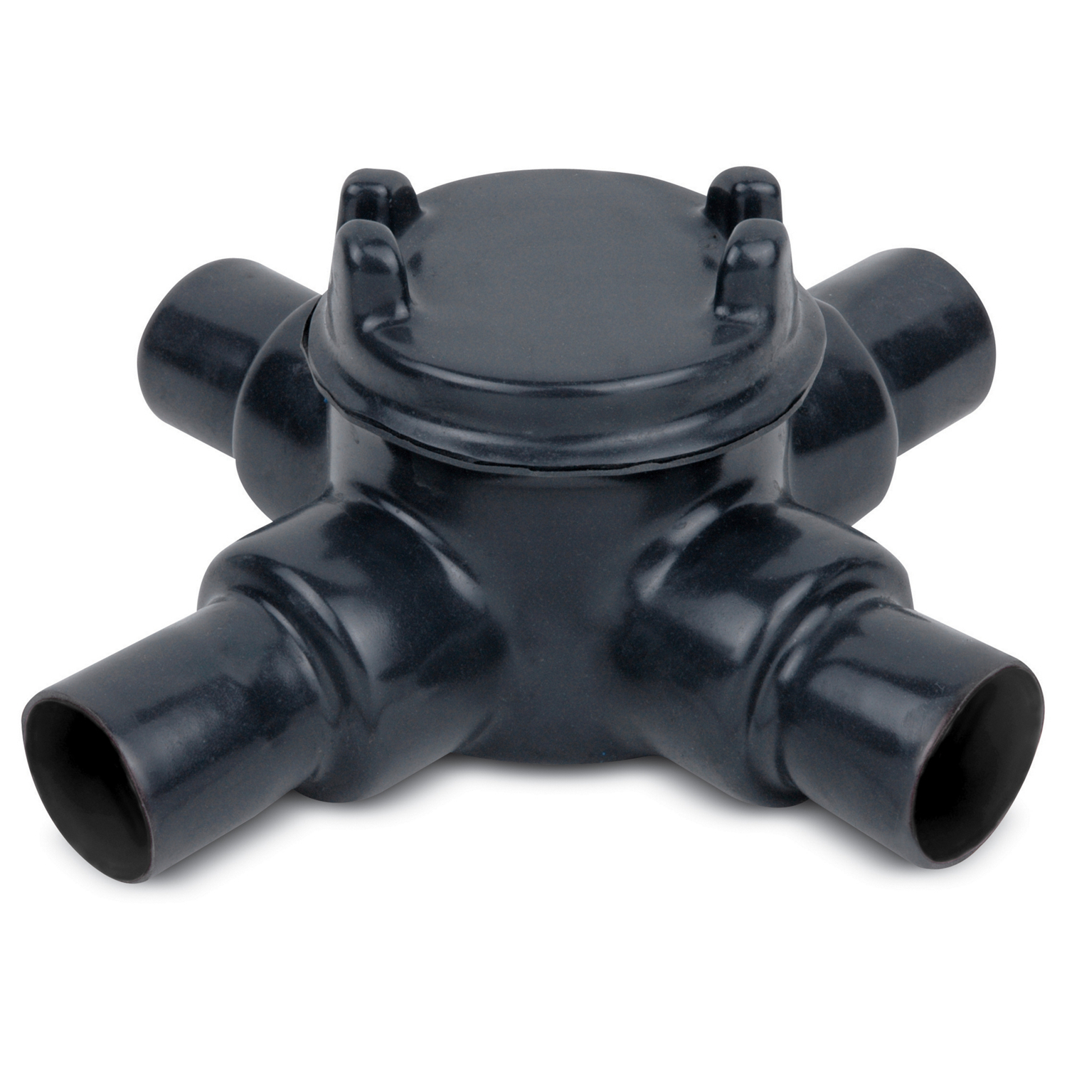 PVC Double-Coated Conduit Outlet Box for Hazardous Locations, GUAX Type - X Shape, Pipe Size 1 Inch/27 Metric, Box is Ductile Iron with Zinc Plating, Cover is Die Cast Aluminum, Cover Opening 3.00 Inch/76.20 Millimeters, Gray