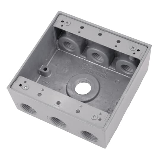Two Gang Universal Weatherproof Box, 30.3 Cubic Inches, Hub Size 1/2 Inch, Silver, Aluminum, 7 Outlets with 3 on Top and Bottom and 1 on Back, Pack of