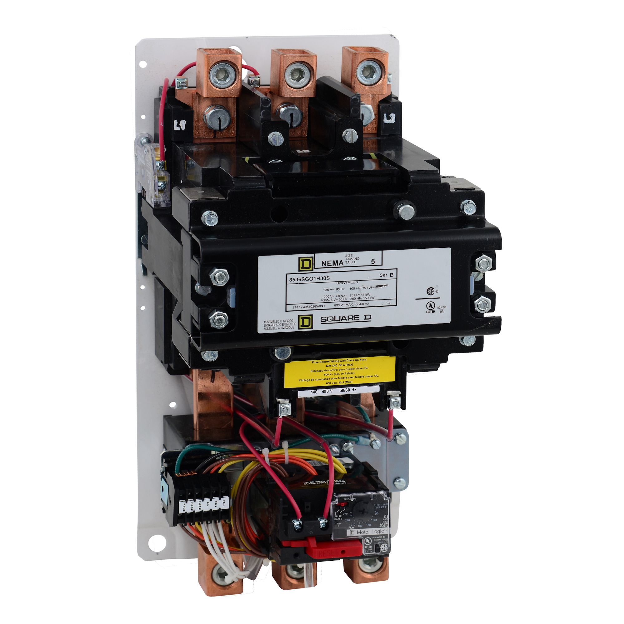 NEMA Motor Starter, Type S, nonreversing, Size 5, 270A, 200 HP at 460 VAC, up to 100 kA SCCR, 3 phase, 3 pole, Motor Logic, 480 VAC coil, open