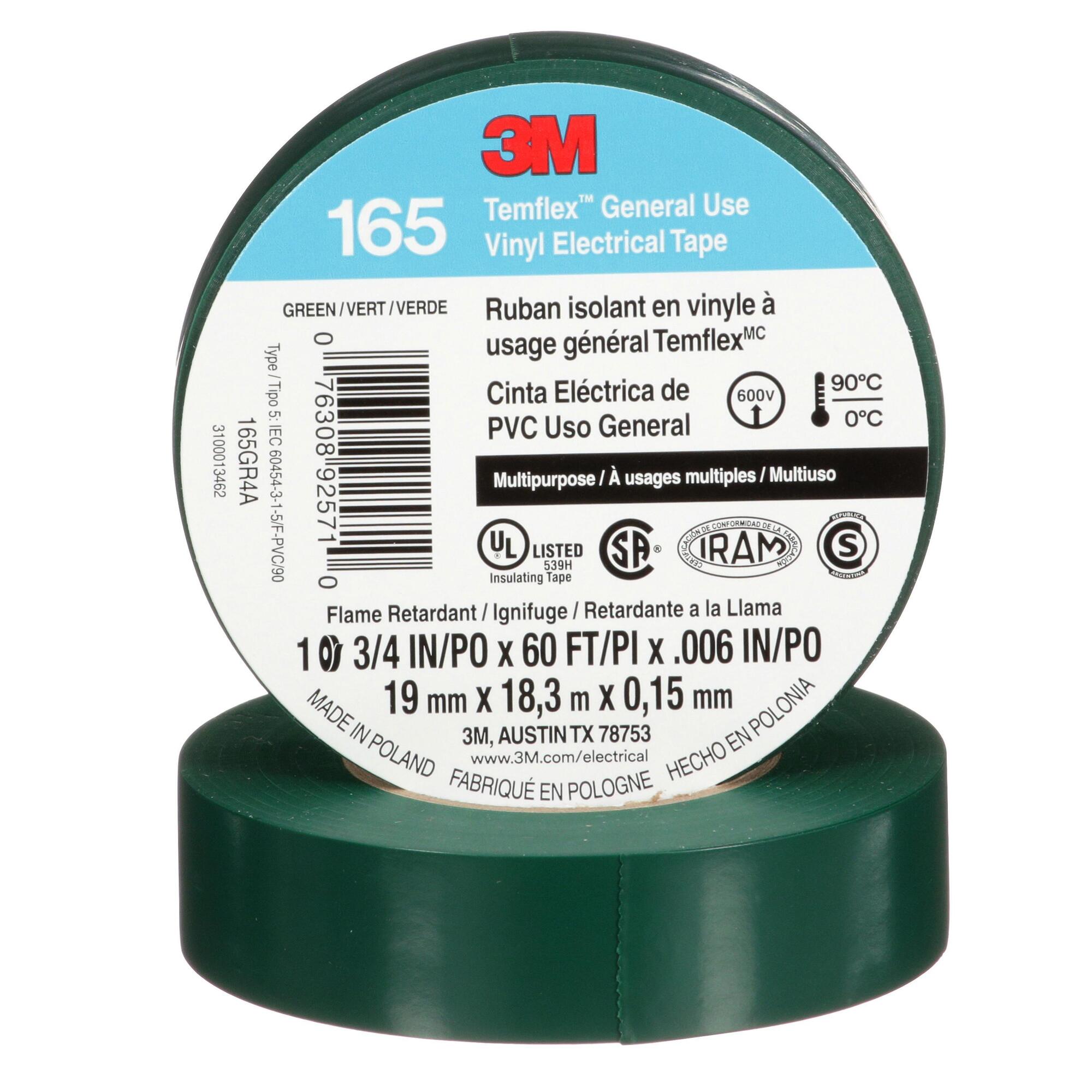 3M Temflex Vinyl Electrical Tape 165, Green, 3/4 in x 60 ft (19 mm x 18 m), 100 Rolls/Case