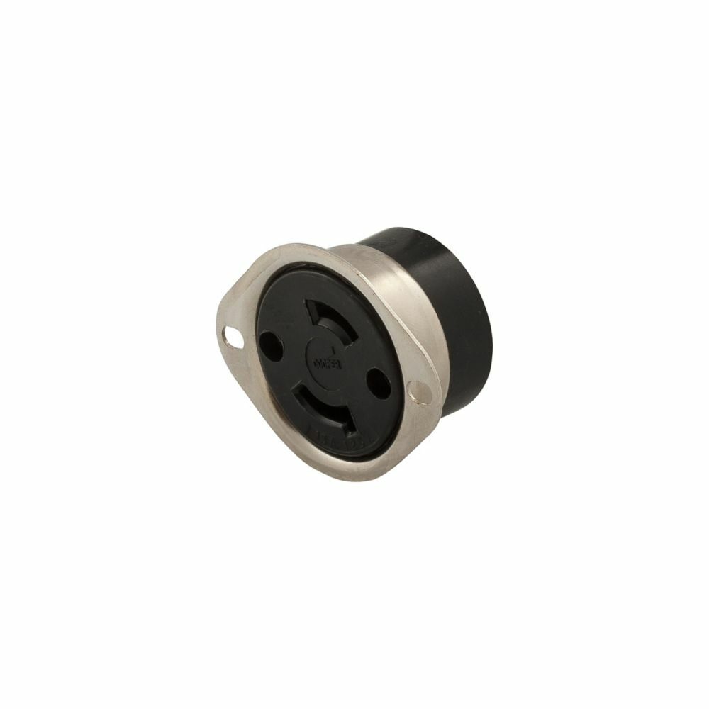 Eaton safety grip locking flanged outlet , #14-8 AWG, 15A, Industrial, 125V, Side wiring, Black, white, L1-15, Two-pole, Two-wire, Plated brass, -40 to 105C