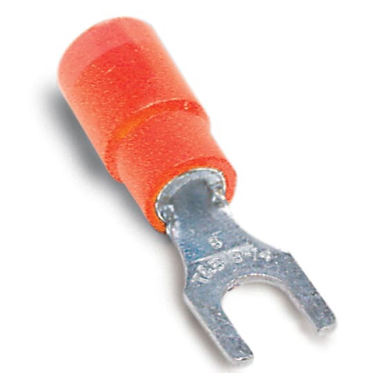 Expanded Vinyl-Insulated Fork Terminal, Length .97 Inches, Width .31 Inches, Maximum Insulation .170, Bolt Hole #10, Wire Range #22-#16 AWG, Color Red, Copper, Tin Plated