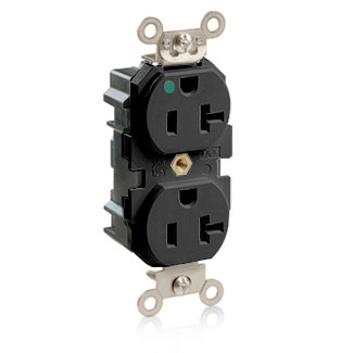 20 Amp, 125 Volt, NEMA 5-20R, 2P, 3W, Narrow Body Duplex Receptacle, Straight Blade, Hospital Grade, Self Grounding, Tamper-Resistant, Modular Terminals, Steel Strap, Lev-Lok - Black
