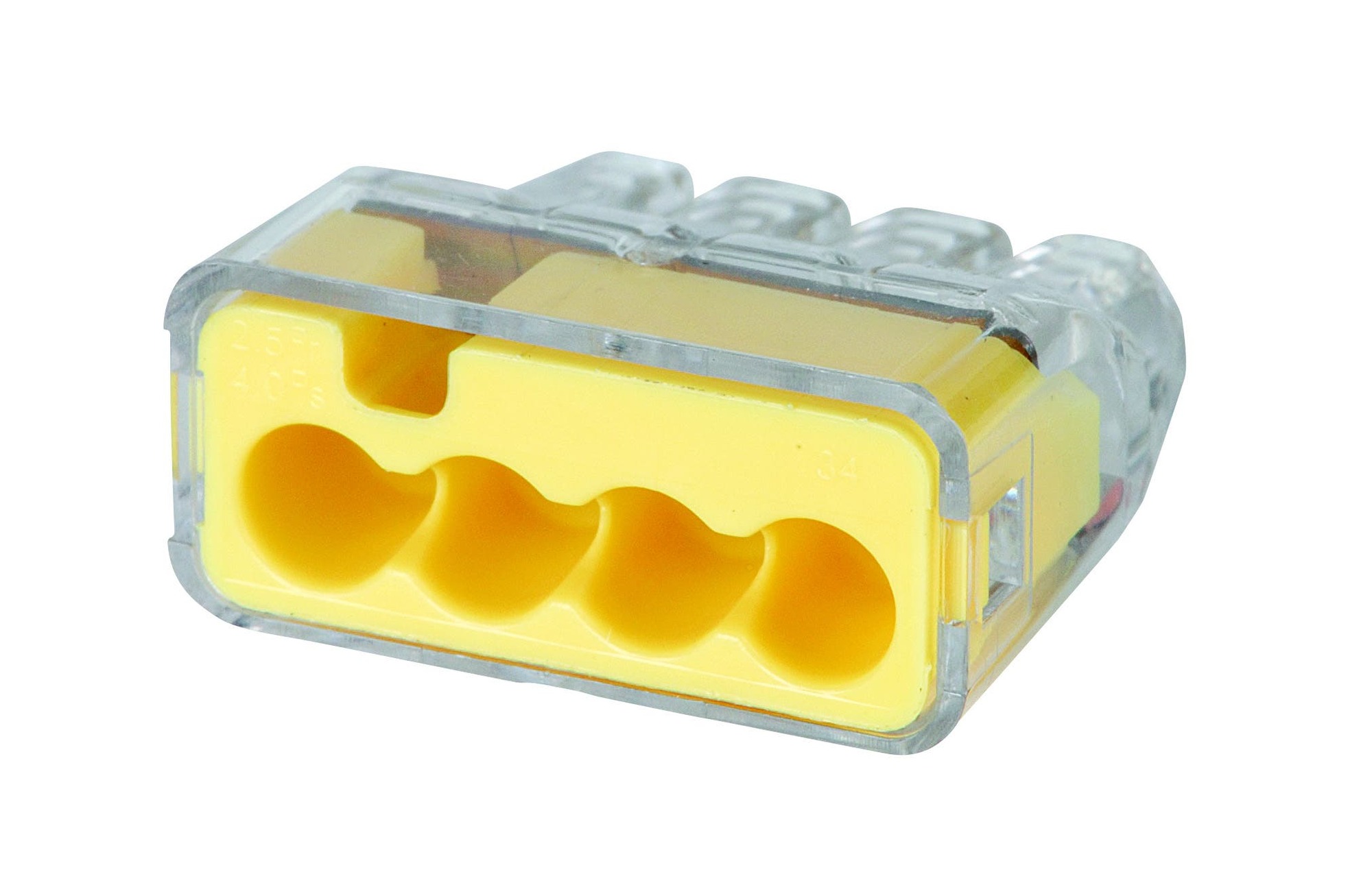 IDEAL, Wire Connector, In-Sure, Push-In, Size: 0.780 IN Length X 0.820 IN Width X 0.380 IN Height, Connection: 4 Ports, Wire Size: #12 AWG - #20 AWG Solid, #12 AWG - #16 AWG (19 Strand Or Less) #18 AWG (7 Strand) Stranded, #14 AWG - #18 AWG (19 Strand Or Less) Stranded (Tin Bonded), Color: Yellow, Voltage Rating: 600 V Maximum Building Wire, 1000 V Maximum Signs And Lighting Fixtures, Temperature Rating: 105 DEG C Shell Rated, Wire Type: Solid, Stranded, Stranded (Tin Bonded), Model: 34