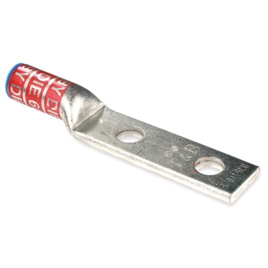 Aluminum Two-Hole Lug, Long Barrel, Blind End, Max 35kV, 250 kcmil Wire, 3/8 Inch Bolt Size, 1 Inch Hole Spacing, Tin Plated, Die Code 71H, Die Color Code Red