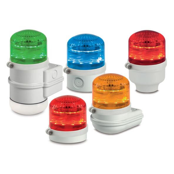 StreamLine Modular Multifunctional High Output LED Audible/ Visual Signal, Red - Compatible with 12-24VAC/DC or 120-240VAC (a). PLC compatible with PNP or NPN connections (a). Three channels included:  Simulated strobe, Simulated strobe plus tone 1, Steady light plus tone 2. 50,000 hour LED. Five lamp/lens colors: Amber, Blue, Clear, Green and Red. Five mounting base options. Type 3R, IP65 enclosure. CE Certified. UL and cUL listed. (a) Note: Voltage and PLC connections are dependent on selected base.