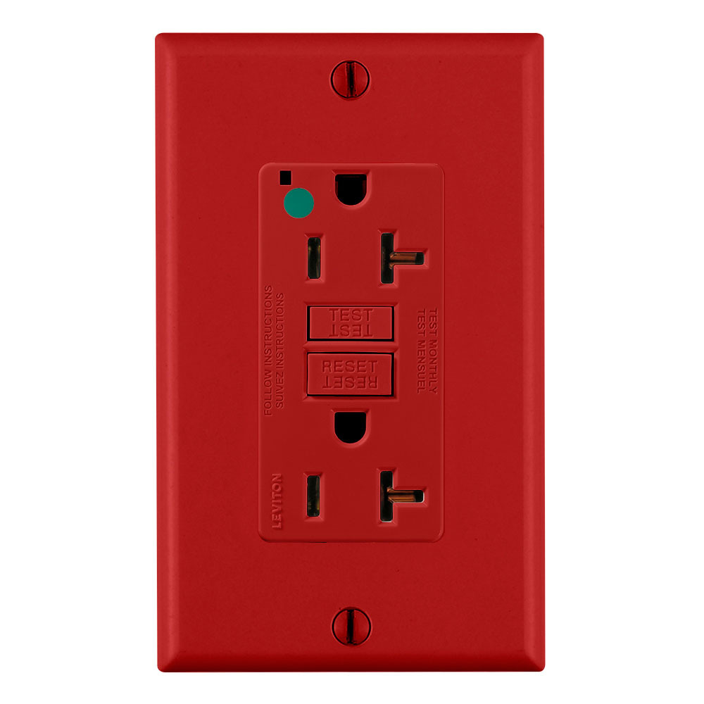 20 Amp, 125 Volt, SmartlockPro Slim Self-Test GFCI Receptacle, Extra-Heavy Duty Hospital Grade, NEMA 5-20R, 20A Feed-Through, 2P, 3W, Matching Wallplate Included - RED