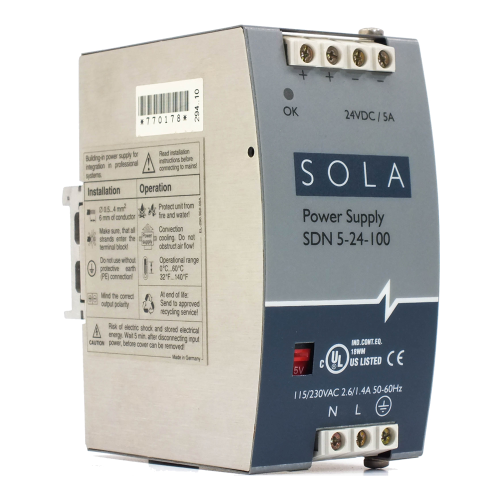 SDN-P Series DIN Rail Power Supply, Nominal Output Current: 3.8 A (92 W), Nominal Voltage Input: 115/230 Vac, Nominal Voltage Output: 24 Vdc, Frequency 47-63 Hz, Single Phase