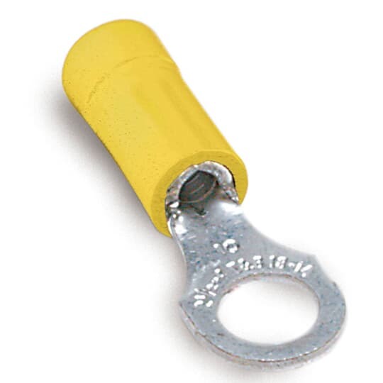 Vinyl-Insulated Ring Terminal, Length 1.06 Inches, Width .31 Inches, Maximum Insulation .210, Bolt Hole #10, Wire Range #12-#10 AWG, Color Yellow, Copper, Tin Plated, Mini-Pack