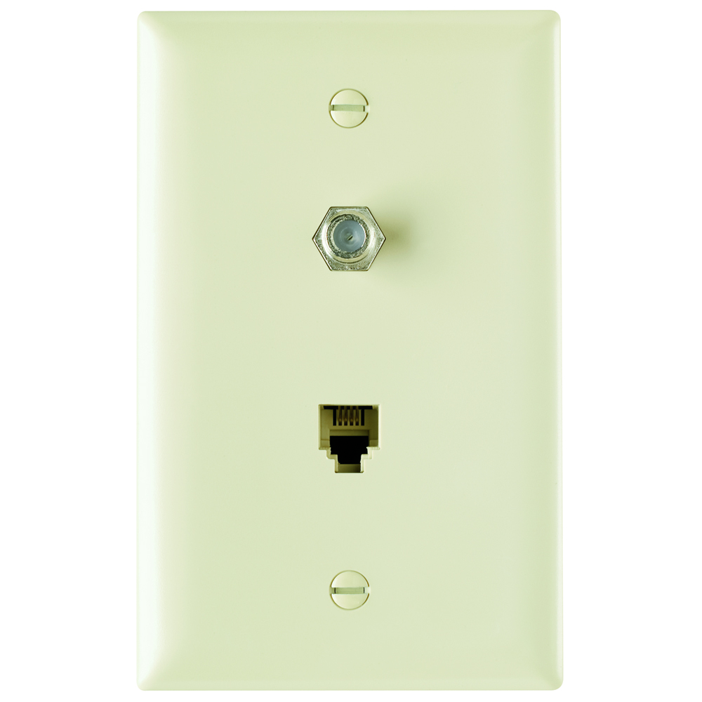 Combination f type coaxial connector and four conductor RJ11 telephone jack. Ivory.