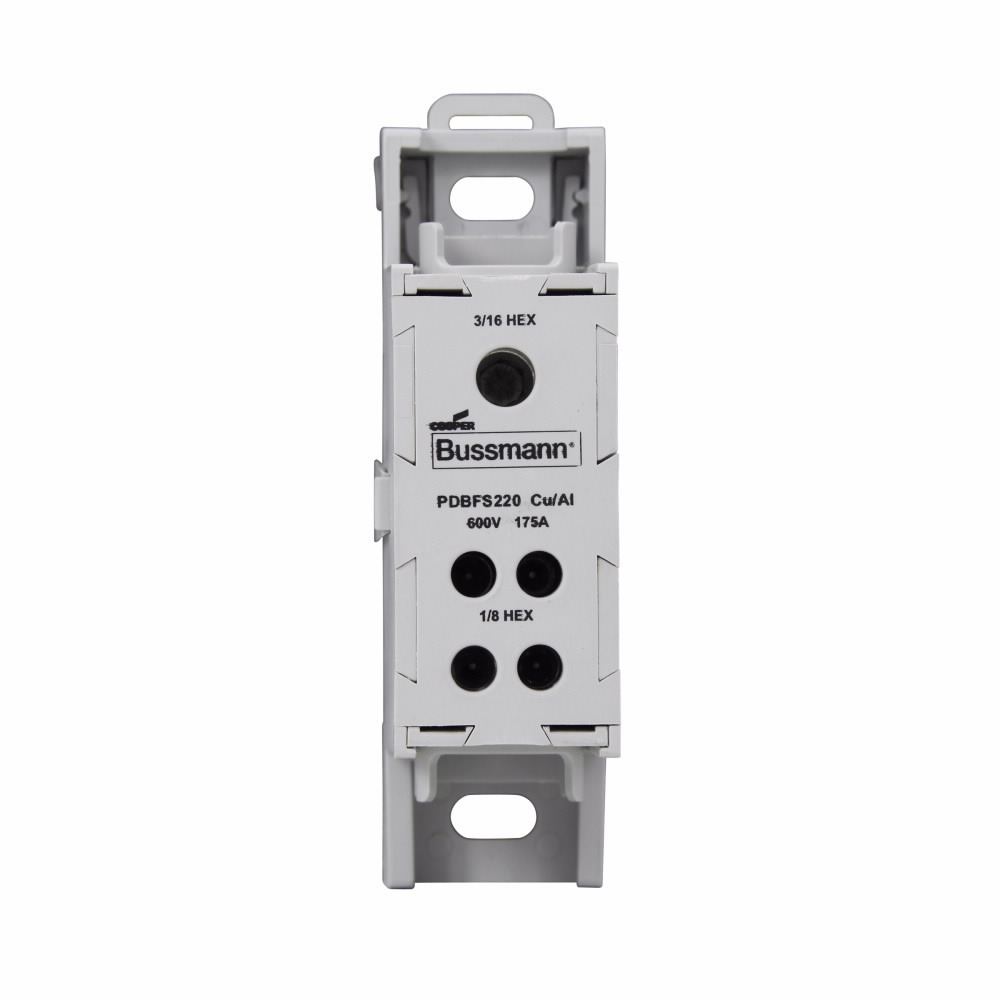 Eaton Bussmann series PDBFS power distribution block, IP-20 Finger-safe, 600 Vac, 600 Vdc, 175A, Power distribution block, SCCR: 200 kA (12 To 4 AWG), 100 kA (14 To 4 AWG), DIN rail, panel, Tin-plated aluminum connectors