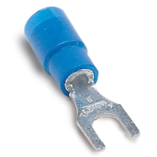 Expanded Vinyl-Insulated Fork Terminal, Length .97 Inches, Width .31 Inches, Maximum Insulation .200, Bolt Hole #6, Wire Range #18-#14 AWG, Color Blue, Copper, Tin Plated