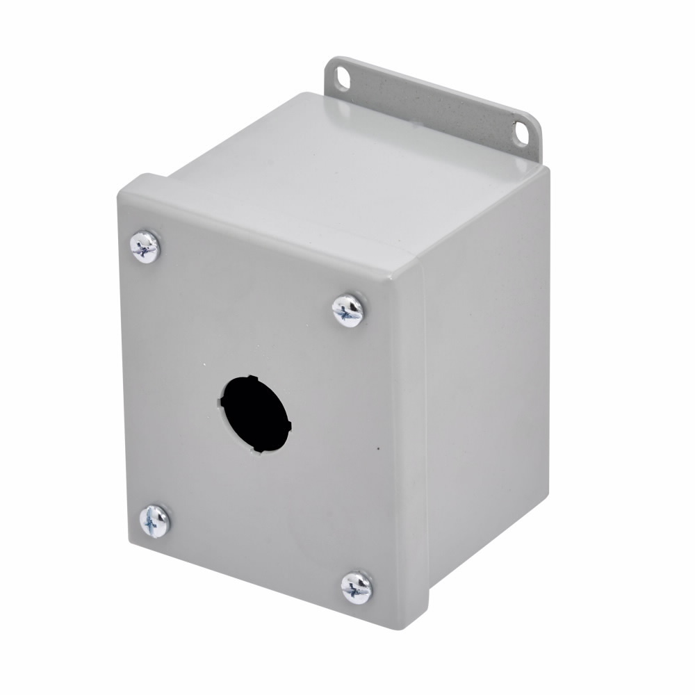 Eaton B-Line series push button enclosures, 4" height, 3" length, 3.25" width, NEMA 12, Screw cover, PBM enclosure, Surface mounted, Small single door, External mounting feet, Carbon steel, Oil-resistant gasket