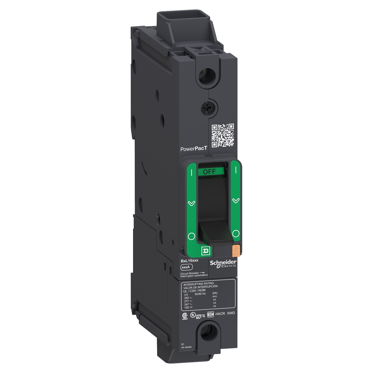 Circuit breaker, PowerPacT B, 30A, 1 pole, 600Y/347VAC, 14kA, lugs, thermal magnetic, 80%
