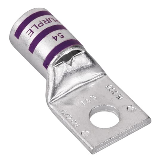 Copper One-Hole Lug, Standard Barrel, Peep Hole, Max 35kV, Wire Size 4/0 AWG, 3/8 Inch Bolt Size, Tin Plated, Die Code 54, Die Color Code Purple
