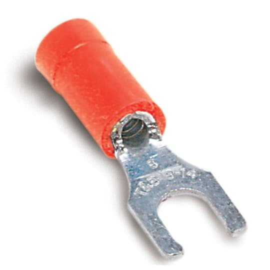 Vinyl-Insulated Locking Fork Terminal, Length .97 Inches, Width .25 Inches, Maximum Insulation .150, Bolt Hole #6, Wire Range #22-#18 AWG, Color Red, Copper, Tin Plated