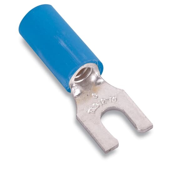 Nylon Insulated Locking Fork Terminal, Length .87 Inches, Width .25 Inches, Maximum Insulation .162, Bolt Hole #6, Wire Range #18-#14 AWG, Color Blue, Copper, Tin Plated
