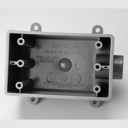 Non-metallic hub less one gang deep device box, 25 Cubic Inch. Type FD.