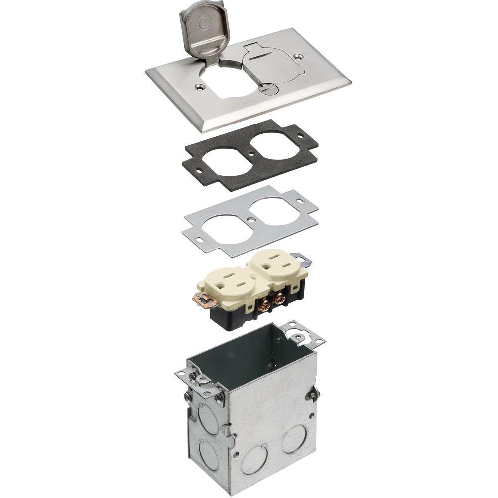 Floor box kit with steel box and metallic cover with flip lids. Single Gang. Nickel.