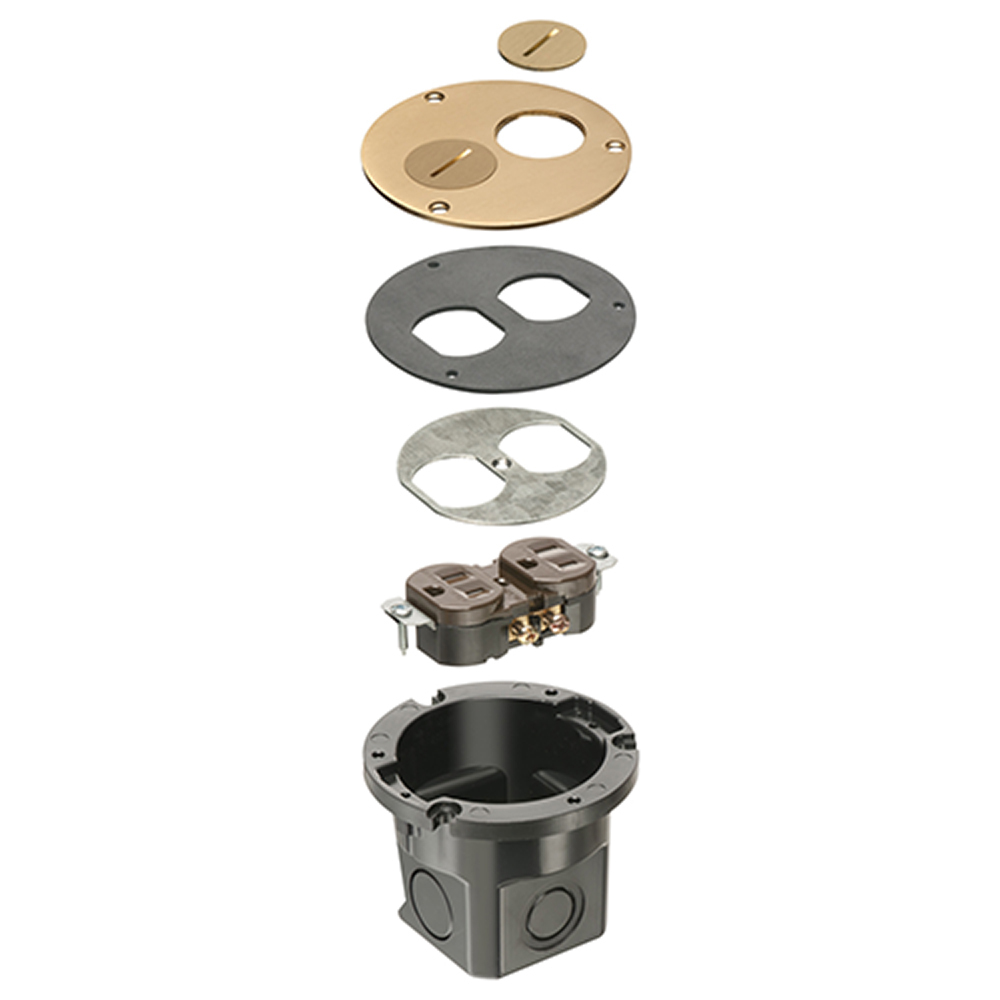 Flush to floor round cut in floor box kit. Brass cover with threaded plugs.