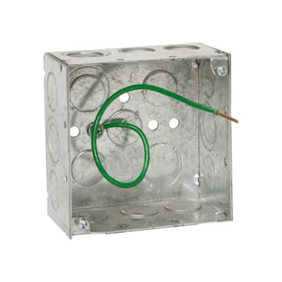 Square Box, 30.3 Cubic Inches, 4 Inch Square x 2-1/8 Inch Deep, 1/2 Inch and 3/4 Inch Eccentric Knockouts, Galvanized Steel, Welded Construction, Ground Bump and 10-1/2 Inch Solid #12 AWG Solid Ground Wire Pigtail, For use with Conduit