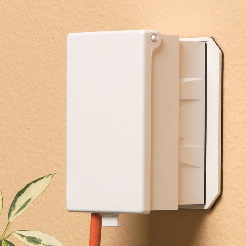 1 Gang Low Profile, IN and OUT cover for new and existing construction. Weatherproof in-use. Meets extra-duty code requirements when cord is plugged in. UV rated plastic. Vertical. Color - White. Paintable. Has an installed oversized base for large openings or a 3-1/2" round outlet box.