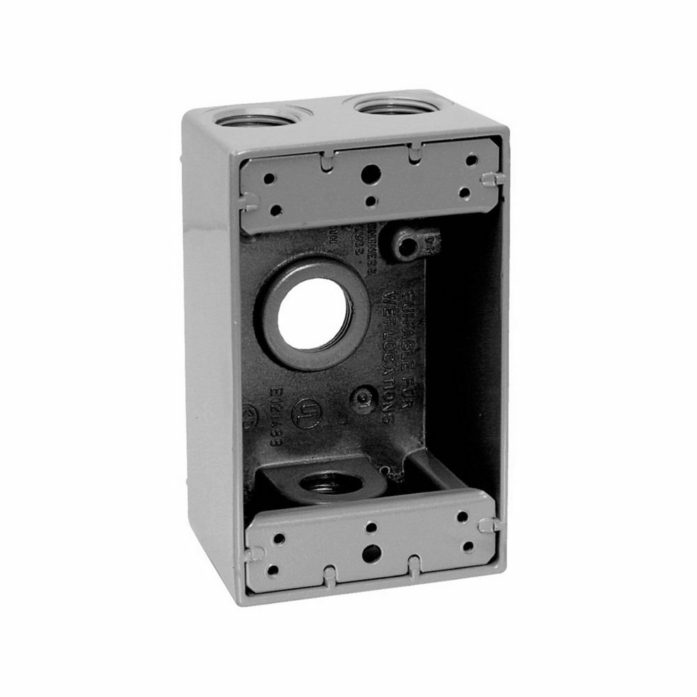 Eaton Crouse-Hinds series weatherproof outlet box, 17.0 cu in capacity, Bronze, 2" deep, Die cast aluminum, Single-gang, (4) 1/2" outlet holes, Rectangular