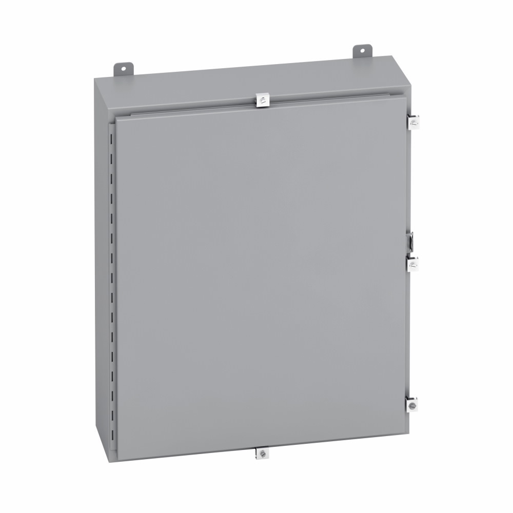 Eaton B-Line series wall mounted panel enclosure, 20" height, 8" length, 20" width, NEMA 4, Hinged cover, 4 enclosure, Wall mount, Medium single door, External mounting feet, Carbon steel, Seamless poured in-place gasket