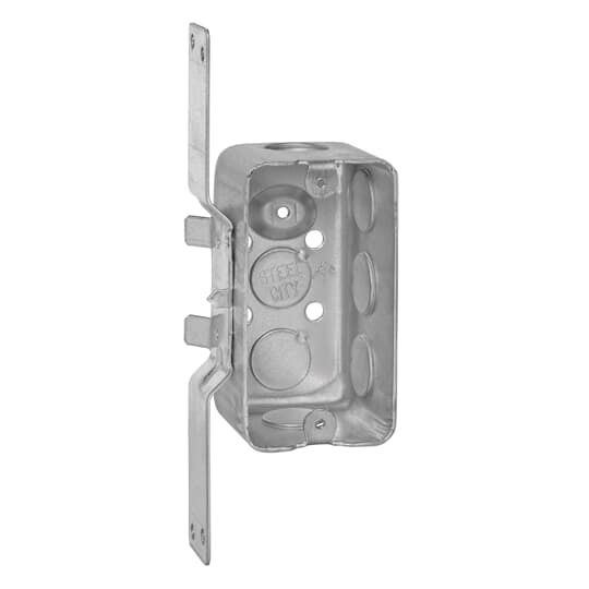 One Gang Utility Box, 14.5 Cubic Inches, 4 Inches Long x 2-1/8 Inches Wide x 2-1/8 Inches Deep, 1/2 Inch Knockouts, Pre-Galvanized Steel, Drawn Construction, Factory Provided Raised Ground Screw Location and CV Bracket Recessed 1/2 Inch, For use with Conduit, pack of 25