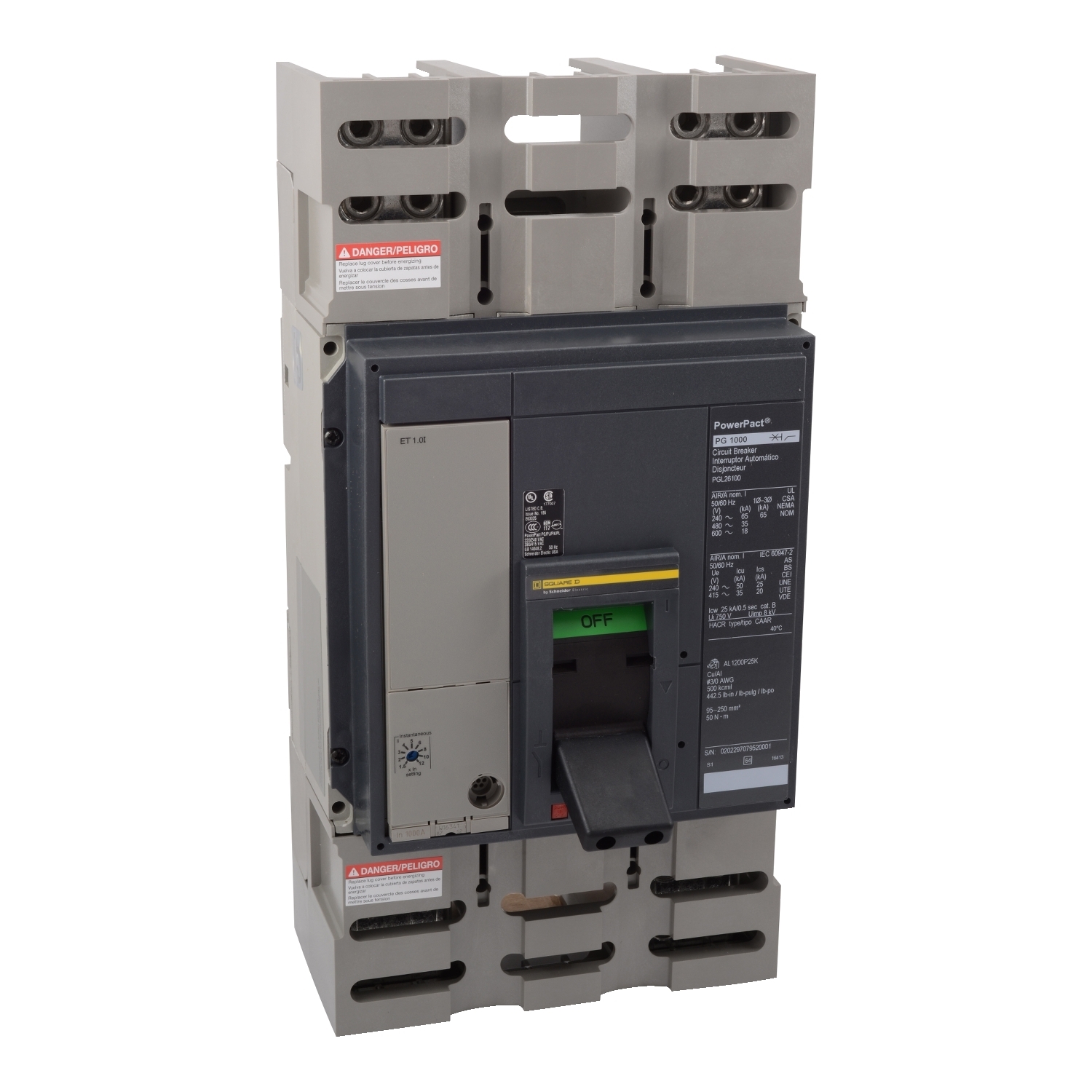Circuit breaker, PowerPacT P, 1000A, 3 pole, 600VAC, 18kA, lugs, Micrologic 3.0, 100%