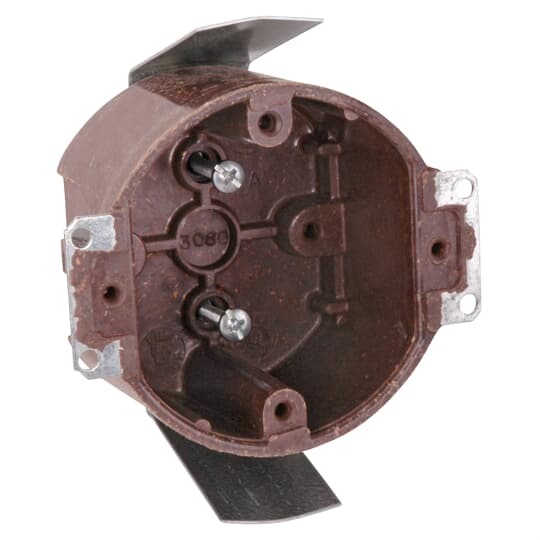 Round Ceiling/Fixture Outlet Box, Volume 14.0 Inches, Diameter 3-1/2 Inches, Depth 2-1/8 Inches, Color Brown, Material Phenolic, Mounting Means #9 Snap-In Bracket, with #36 Clamps