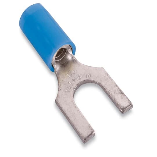 Nylon Insulated Fork Terminal, Length .87 Inches, Width .31 Inches, Maximum Insulation .162, Bolt Hole #8, Wire Range #18-#14 AWG, Color Blue, Copper, Tin Plated