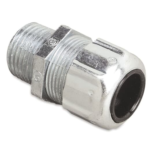 Liquidtight Strain Relief Connector, 1 Inch, Straight, Cord Range 0.500 to 0.750 Inch, Throat Diamter 11/16 Inch, Steel Body, Glandnut, and Grip, Rubber Bushing