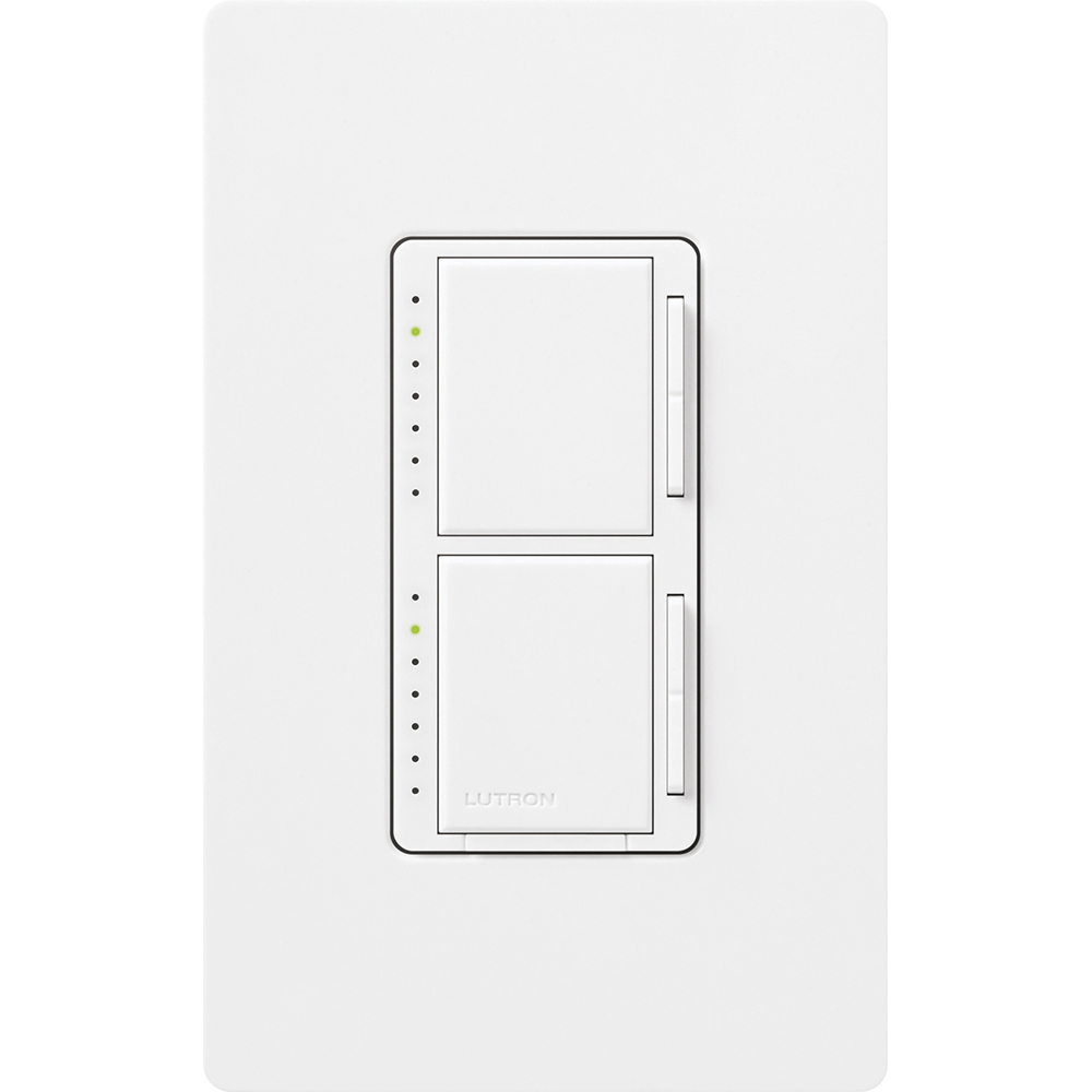 Maestro Dual Incandescent/Halogen Dimmer, Single-pole, clamshell packaging, wallplate included, White finish, 120V/300W each dimmer