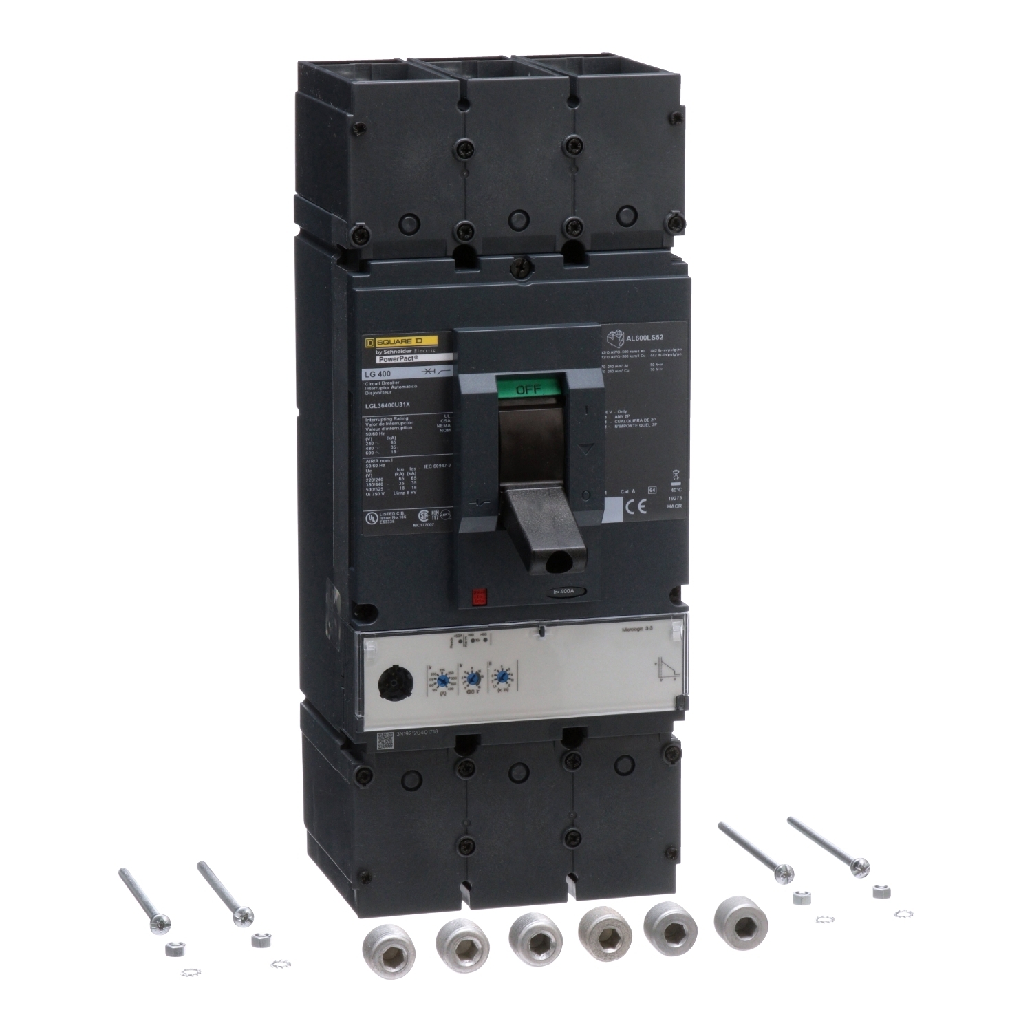 Circuit breaker, PowerPacT L, 400A, 3 pole, 600VAC, 18kA, lugs, MicroLogic 3.3, 80%