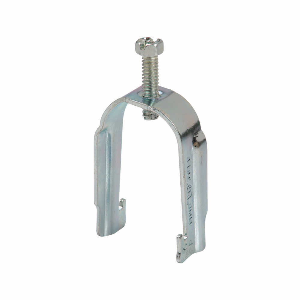 Eaton B-Line series strut mounting bracket, Conduit and cable, 1" Height, 1" Length, 1" Width, 0.146lbs, Conduit size EMT: 1.25", Rigid: 1", Conduit strut clamps, 1.125" Min, 1.315" Max cable diameter, 300 lbs load capacity, Pre-galvanized