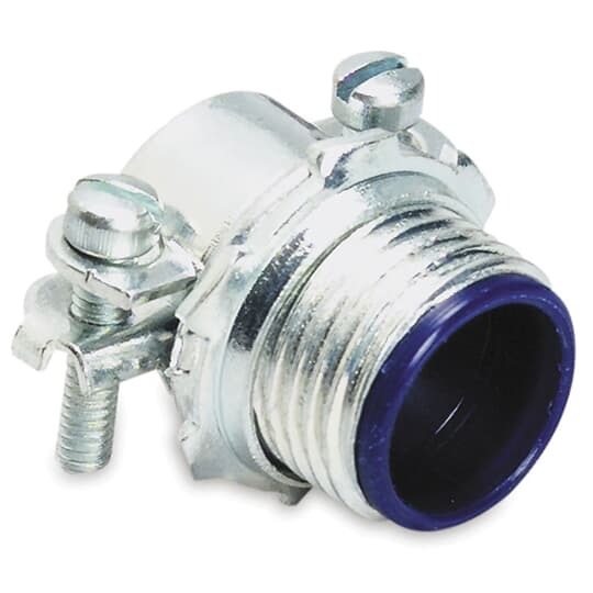 Sheathed Cable Fitting, Straight, Knockout Size 1-1/2 Inch, Nylon Insulated, Two Screw Connector, Malleable Iron with Zinc Plating