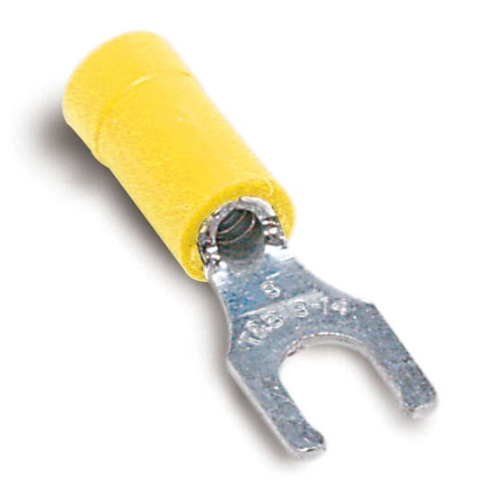 Vinyl-Insulated Locking Fork Terminal, Length 1.09 Inches, Width .31 Inches, Maximum Insulation .220, Bolt Hole #6, Wire Range #12-#10 AWG, Color Yellow, Copper, Tin Plated